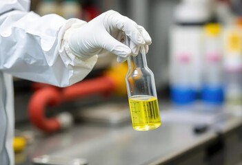 A scientist hand with a white PPE suit and nitrile gloves collect sample waste water into a flask for laboratory water analysis, industrial and environmental concept
