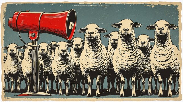 A herd of sheep stands in front of a megaphone, showcasing the theme of herd mentality.