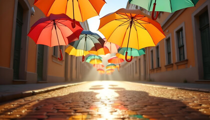 Floating Umbrellas Tropical Village Street Blending Rain and Sun in a Fantasy Tourism Scene with Puddles