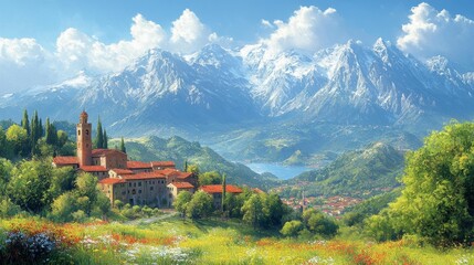 Fototapeta premium Picturesque Italian Village with Mountainous Landscape. Generative AI
