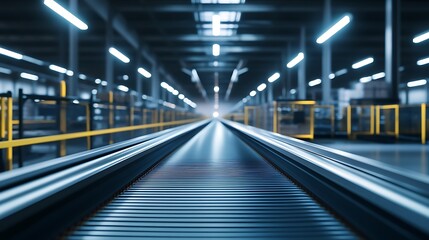 Fototapeta premium High-tech conveyor belt in a production warehouse, no products moving, smooth metallic surface under bright overhead lights.