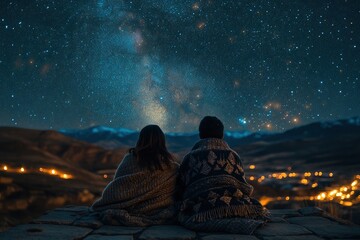 Couple under starry night sky wrapped in blankets admiring mountains and city lights, romantic evening outdoors, Valentine's Day concept
