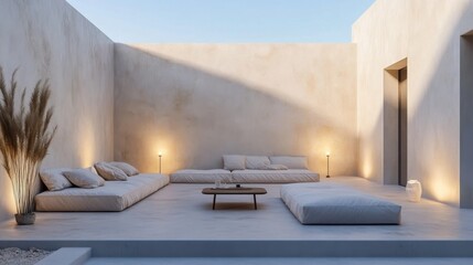 A minimalist outdoor patio with neutral tones, low furniture, and soft lighting