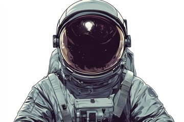 Minimalist illustration of an astronaut in a white spacesuit with a bold helmet on a white background