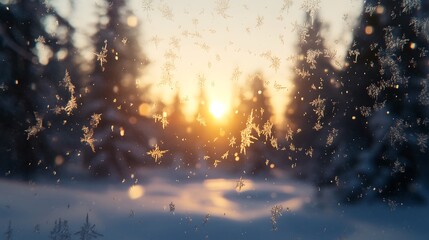 Melting snowflakes on a windowpane, with a blurred winter forest in the background.