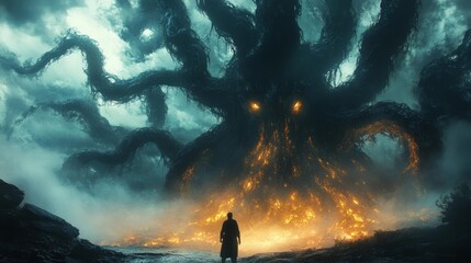 Epic Dark Tentacle Forest with Adventurer. Generative AI