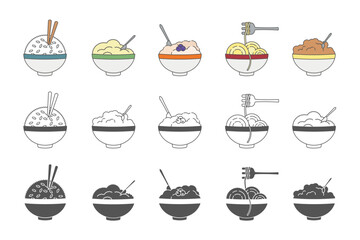 minimalistic line icons with side dishes rice, buckwheat, spgetti, oatmeal, millet in a bowl with a fork