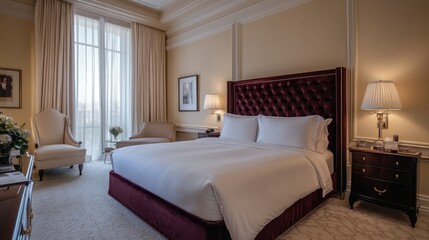 Luxurious hotel bedroom with king-size bed, plush velvet headboard, and elegant furnishings.