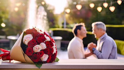 A vibrant bouquet of red and blush roses, elegantly wrapped in kraft paper, sits on a garden table, radiating love and affection amidst a beautiful spring setting