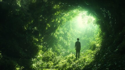 Man standing in a sunlit lush green forest. Generative AI