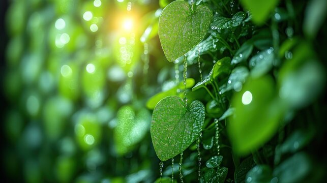 Sunlit, dewy heart-shaped leaves.