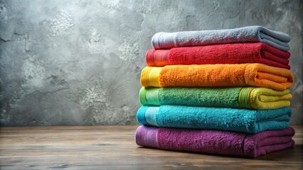 Cozy, textured bath towels in vibrant colors create a neat, eye-catching display on a gray background.