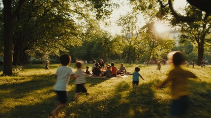 Children playing in park while adults picnic.