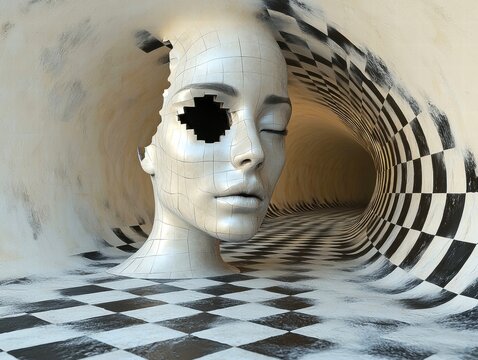 Abstract sculpture of a humanoid head in a surreal checkerboard tunnel.