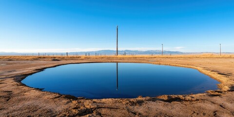 Obraz premium Desolate Landscape: A Dried-Up Pond Beside a Disused Oil Facility