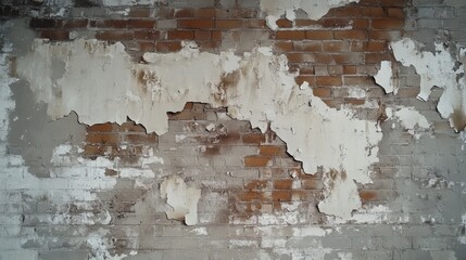Obraz premium Closeup of a weathered brick wall with peeling paint, creating textured background