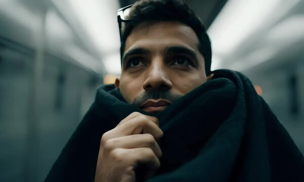 a homeless man wrapped in a blanket walks through a subway station