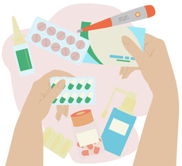 Medical equipment to use at home. Medicines to treat diseases. Healthcare. Vector illustration.