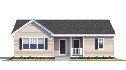 Ranch-style house exterior, beige siding, gray roof, front porch.