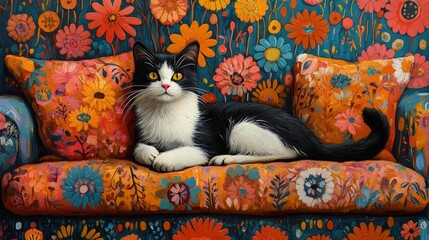 Abstract painting of a black and white cat on a colorful boho cushion. Generative AI