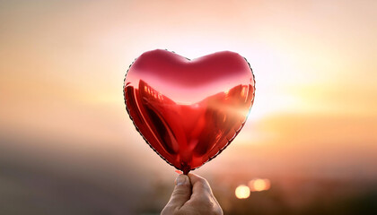 Fototapeta premium A hand holds a shiny red heart-shaped balloon against a warm backdrop of sunlight. This moment captures the essence of romance and affection often celebrated during Valentine's day