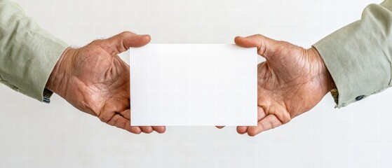 Hands exchanging a blank card against a light background.