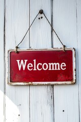 Obraz premium Brand new Red sign in front of a white wooden wall - 'Welcome'
