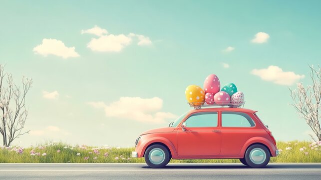 Retro car carrying an easter egg on the roof.