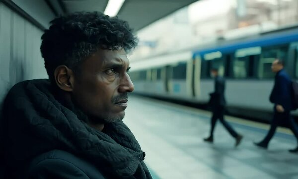 homeless man sitting at the train station