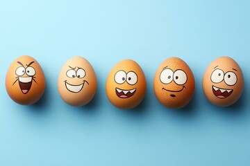 Eggs with funny faces on blue background