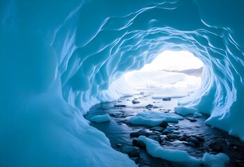 The Matunuska Glacier in Alaska, USA, with a river and ice tunnel visible within