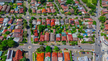 Panorama aerial drone view of western Sydney Suburbs of Canterbury Burwood Ashfield Marrickville...
