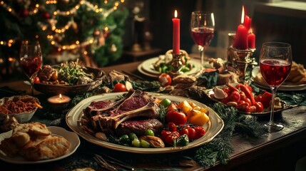 Fototapeta premium On a table with decorations, roasted lamb chops and vegetables 
