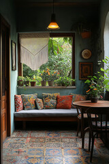 Photographie intérieure d’un petit studio étudiant style bohème chic avec décorations murales en macramé, lit confortable, petite table en bois avec chaises dépareillées, et plantes d’intérieur