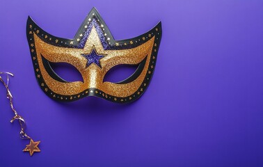 Naklejka premium Happy Purim carnival decoration concept made from mask and sparkle star on purple background.