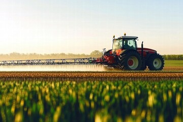 Red agricultural tractor spraying crops in a golden field at sunset.