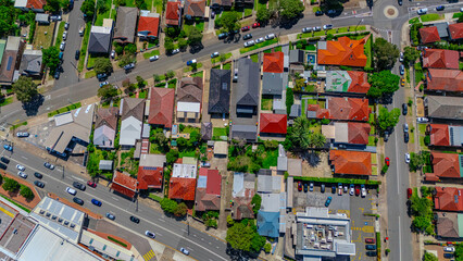 Panorama aerial drone view of western Sydney Suburbs of Canterbury Burwood Ashfield Marrickville Campsie with Houses roads and parks in Sydney New South Wales NSW Australia
