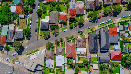 Panorama aerial drone view of western Sydney Suburbs of Canterbury Burwood Ashfield Marrickville Campsie with Houses roads and parks in Sydney New South Wales NSW Australia