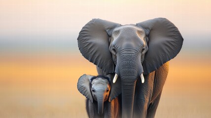 Obraz premium Emotional Value concept. Mother elephant and calf in a serene landscape at sunset.