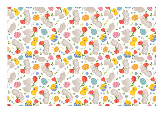 Seamless pattern with bunnies and easter eggs. Endless texture for spring design. Vector illustration for decoration, greeting cards, posters, invitations, advertising.