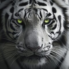 Fototapeta premium Close-up of a majestic white tiger's face, intense eyes, and striking black stripes.