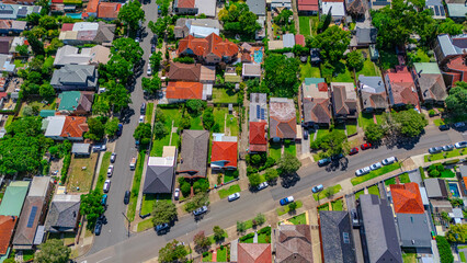 Panorama aerial drone view of western Sydney Suburbs of Canterbury Burwood Ashfield Marrickville Campsie with Houses roads and parks in Sydney New South Wales NSW Australia