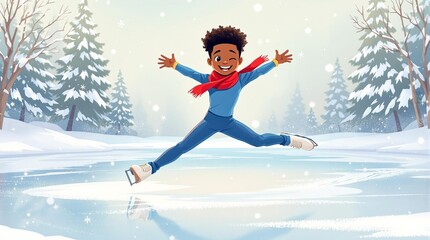Joyful young ice skater leaping on frozen lake in winter wonderland