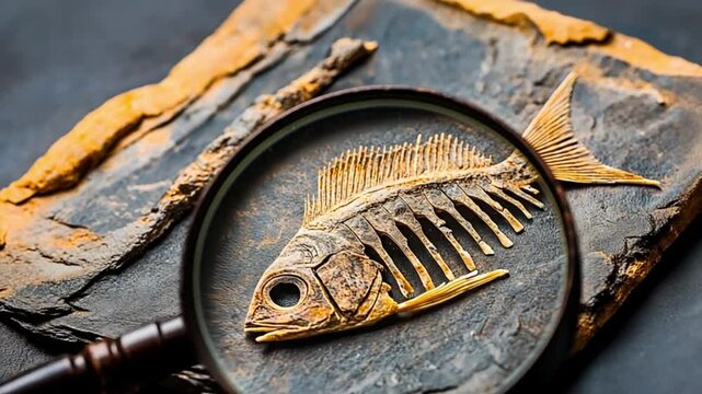 A golden fish fossil intricately embedded in stone, examined through a magnifying glass. Concept of history and the exploration of Earth's evolutionary past.