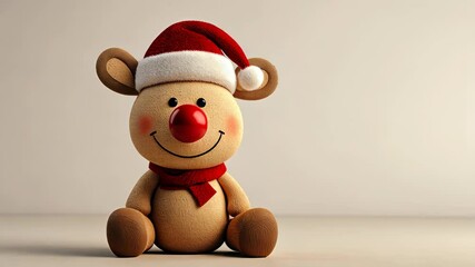 Cute holiday reindeer plush toy wearing a Santa hat and scarf sits on a neutral background during festive season - Powered by Adobe