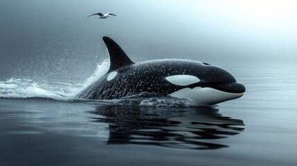 Fototapeta premium Orca whale in motion through a calm sea, with a seagull in flight above, in a misty atmosphere.
