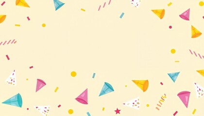 Colorful party hats and vibrant confetti scattered on a beige background for festive celebrations.