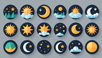 "Day and night themed illustrations, sun, moon, stars, clouds, mountains, vector style, oval shapes"

