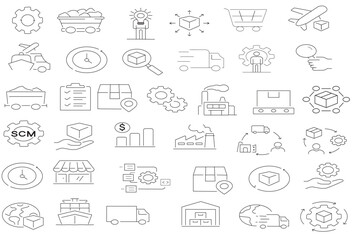 Cargo Box, Export Freight outline icons set - Black symbol on white background. Cargo, Export Freight Simple Illustration Symbol - lined simplicity Sign. Flat Vector thin line Icon