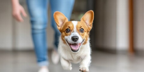 Emotional Value concept. Playful dog running towards owner in a home environment